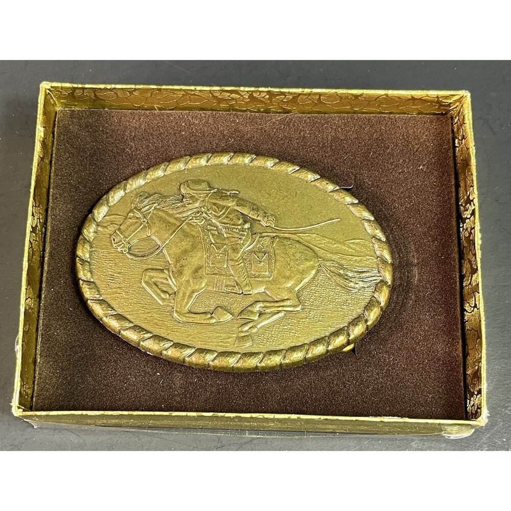 Vintage 1981 Mervyn's Pony Express Brass Belt Buckle Western Belt Buckle